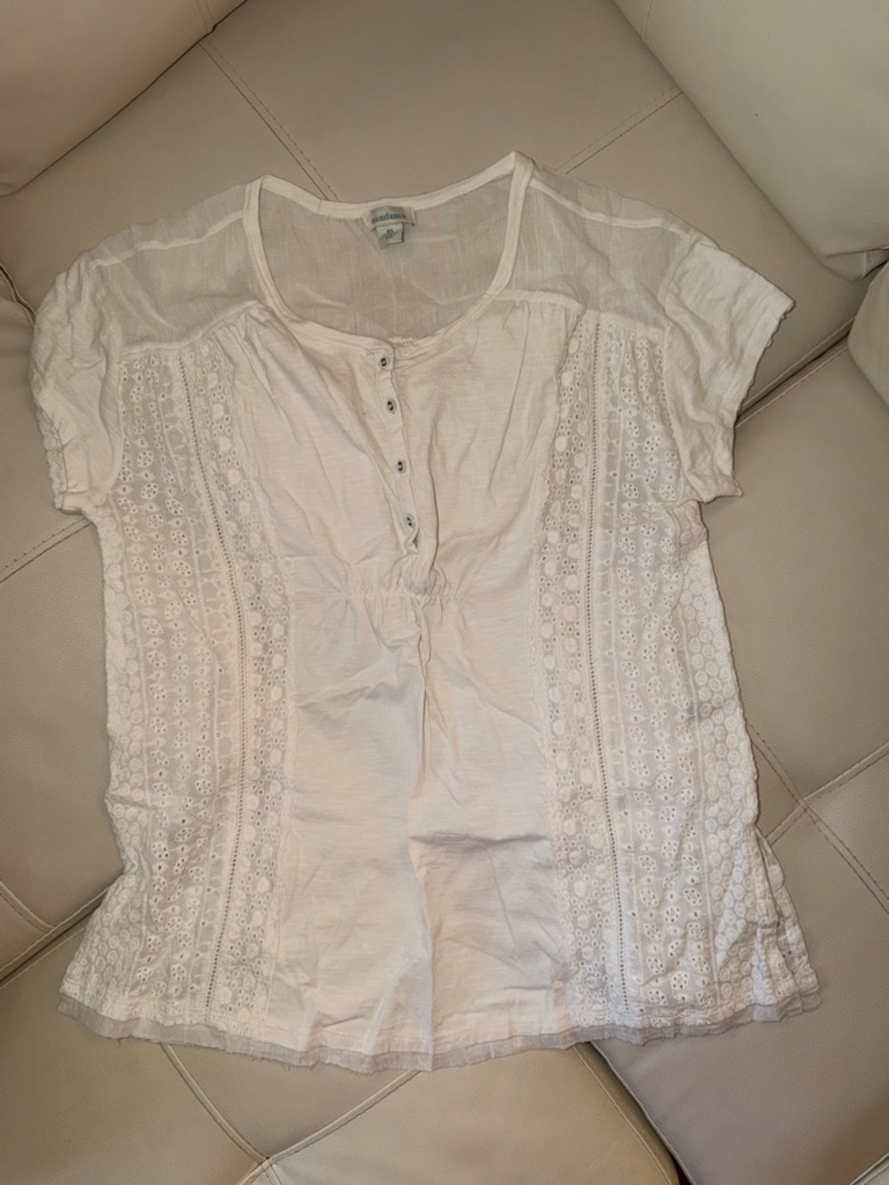 Sundance White Eyelet Lace-Panel Short Sleeve Blouse